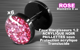 lot de 6 faux elargisseur acrylique noir - 1.2 - diametre 8mm - paillette rose - couvercle acrylique translucide