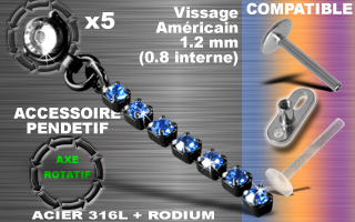 lot 5 pendentif acier 316l noir + rodium - compatible labret et dermal - 1.2 - (0.8 mm interne) - axe rotatif