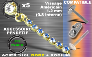 lot 5 pendentif acier 316l dore + rodium - compatible labret et dermal - 1.2 - (0.8 mm interne) - axe rotatif