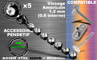 lot 5 pendentif acier 316l noir + rodium - compatible labret et dermal - 1.2 - (0.8 mm interne) - axe rotatif
