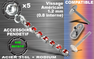 lot 5 pendentif acier 316l + rodium - compatible labret et dermal - 1.2 - (0.8 mm interne) - axe rotatif