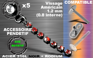 lot 5 pendentif acier 316l noir + rodium - compatible labret et dermal - 1.2 - (0.8 mm interne) - axe rotatif