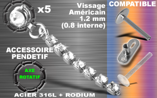 lot 5 pendentif acier 316l + rodium - compatible labret et dermal - 1.2 - (0.8 mm interne) - axe rotatif