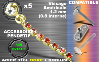 lot 5 pendentif acier 316l dore + rodium - compatible labret et dermal - 1.2 - (0.8 mm interne) - axe rotatif