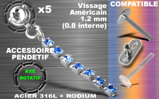 lot 5 pendentif acier 316l + rodium - compatible labret et dermal - 1.2 - (0.8 mm interne) - axe rotatif