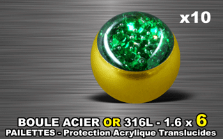 lot de 10 boules acier 316 l or - 1.6 x 6 mm - pailettes avec protection acrylique translucide. vert