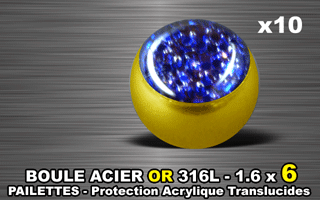 lot de 10 boules acier 316 l or - 1.6 x 6 mm - pailettes avec protection acrylique translucide. bleu