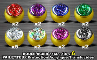 lot de 19 boules acier 316 l or - 1.6 x 6 mm - pailettes avec protection acrylique translucide.