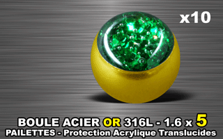 lot de 10 boules acier 316 l or - 1.6 x 5 mm - pailettes avec protection acrylique translucide. vert