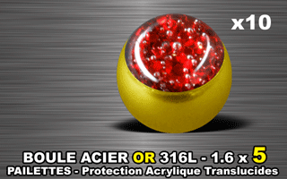 lot de 10 boules acier 316 l or - 1.6 x 5 mm - pailettes avec protection acrylique translucide. rouge
