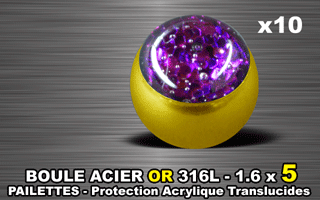 lot de 10 boules acier 316 l or - 1.6 x 5 mm - pailettes avec protection acrylique translucide. amethyste