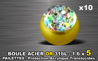 lot de 10 boules acier 316 l or - 1.6 x 5 mm - pailettes avec protection acrylique translucide. irise