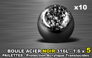 lot de 10 boules acier 316 l noir - 1.6 x 5 mm - pailettes avec protection acrylique translucide. noir