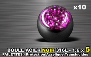 lot de 10 boules acier 316 l noir - 1.6 x 5 mm - pailettes avec protection acrylique translucide. rose