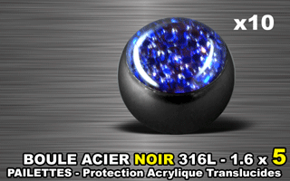 lot de 10 boules acier 316 l noir - 1.6 x 5 mm - pailettes avec protection acrylique translucide. bleu