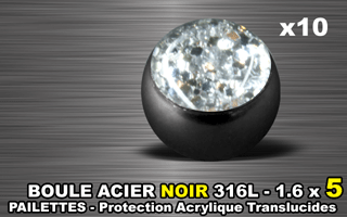 lot de 10 boules acier 316 l noir - 1.6 x 5 mm - pailettes avec protection acrylique translucide. cristal