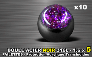 lot de 10 boules acier 316 l noir - 1.6 x 5 mm - pailettes avec protection acrylique translucide. amethyste