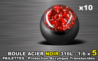 lot de 10 boules acier 316 l noir - 1.6 x 5 mm - pailettes avec protection acrylique translucide. rouge