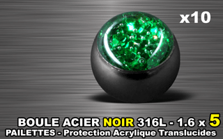 lot de 10 boules acier 316 l noir - 1.6 x 5 mm - pailettes avec protection acrylique translucide. vert