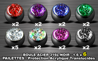 lot de 19 boules acier 316 l noir - 1.6 x 6 mm - pailettes avec protection acrylique translucide.