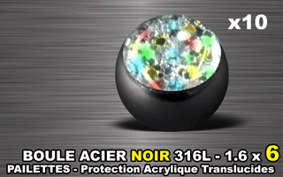 lot de 10 boules acier 316 l noir - 1.6 x 6 mm - pailettes avec protection acrylique translucide. irise