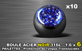lot de 10 boules acier 316 l noir - 1.6 x 6 mm - pailettes avec protection acrylique translucide. bleu