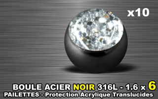 lot de 10 boules acier 316 l noir - 1.6 x 6 mm - pailettes avec protection acrylique translucide. cristal
