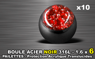lot de 10 boules acier 316 l noir - 1.6 x 6 mm - pailettes avec protection acrylique translucide. rouge