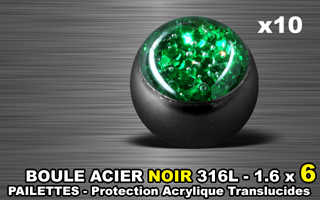 lot de 10 boules acier 316 l noir - 1.6 x 6 mm - pailettes avec protection acrylique translucide. rouge