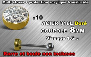 lot de 10 coupoles - diametre 8 mm - acier 316 l dore - vissage 1.6 mm