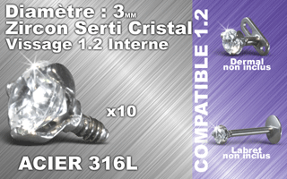lot de 10 accessoires vissable acier 316 - zircon cristal 3 mm serti griffe - vissage americain 1.2 (interne 0.8 ) verifier les compatibilites.