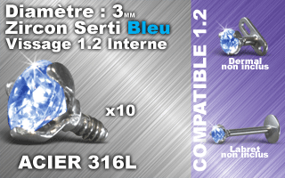 lot de 10 accessoires vissable acier 316 - zircon bleu 3 mm serti griffe - vissage americain 1.2 (interne 0.8 ) verifier les compatibilites.