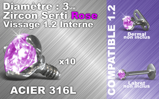 lot de 10 accessoires vissable acier 316 - zircon rose 3 mm serti griffe - vissage americain 1.2 (interne 0.8 ) verifier les compatibilites.