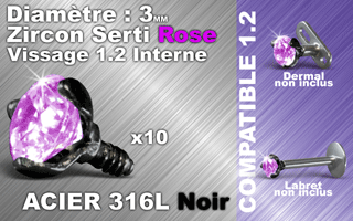 lot de 10 accessoires vissable acier 316 noir- zircon rose 3 mm serti griffe - vissage americain 1.2 (interne 0.8 ) verifier les compatibilites.