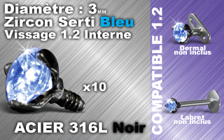 lot de 10 accessoires vissable acier 316 noir- zircon bleu 3 mm serti griffe - vissage americain 1.2 (interne 0.8 ) verifier les compatibilites.