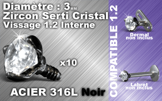 lot de 10 accessoires vissable acier 316 noir- zircon cristal 3 mm serti griffe - vissage americain 1.2 (interne 0.8 ) verifier les compatibilites.