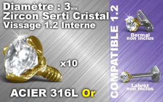 lot de 10 accessoires vissable acier 316 or- zircon cristal 3 mm serti griffe - vissage americain 1.2 (interne 0.8 ) verifier les compatibilites.