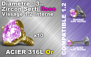 lot de 10 accessoires vissable acier 316 or- zircon rose 3 mm serti griffe - vissage americain 1.2 (interne 0.8 ) verifier les compatibilites.