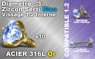 lot de 10 accessoires vissable acier 316 or- zircon bleu 3 mm serti griffe - vissage americain 1.2 (interne 0.8 ) verifier les compatibilites.
