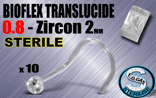 lot de 5 nose studs 0.8 - zircon 2 mm cristal - bioflex translucide - emballe individuellement - sterilise. mentions au dos du sachet : matiere du bijou - date de peremption - type de sterilisation