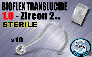 lot de 10 nose studs 1.0 - zircon 2 mm cristal - bioflex translucide - emballe individuellement - sterilise. mentions au dos du sachet : matiere du bijou - date de peremption - type de sterilisation
