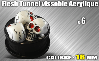 lot de 6 flesh tunnel acrylique noir vissable- crane - diametre 18 mm