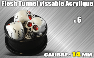 lot de 6 flesh tunnel acrylique noir vissable- crane - diametre 14 mm