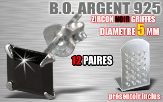 12 paires de boucle d oreille argent - zircon carre noir griffe - diametre 5 mm - livre avec presentoir