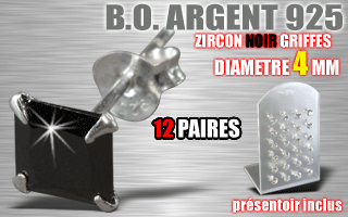 12 paires de boucle d oreille argent - zircon carre noir griffe - diametre 4 mm - livre avec presentoir