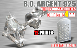 12 paires de boucle d oreille argent - zircon carre cristal griffe - diametre 4 mm - livre avec presentoir