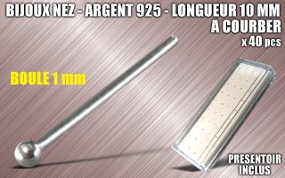 lot de 40 bijoux de nez argent 925 a courber - 10 mm de long - boule 1.0 mm - presentoir acrylique inclus.