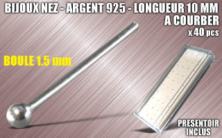lot de 40 bijoux de nez argent 925 a courber - 10 mm de long - boule 1.5 mm - presentoir acrylique inclus.