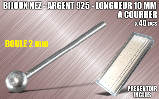 lot de 40 bijoux de nez argent 925 a courber - 10 mm de long - boule 2.0 mm - presentoir acrylique inclus.