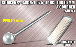 lot de 40 bijoux de nez argent 925 a courber - 10 mm de long - boule imitation perle 2.0 mm - presentoir acrylique inclus.